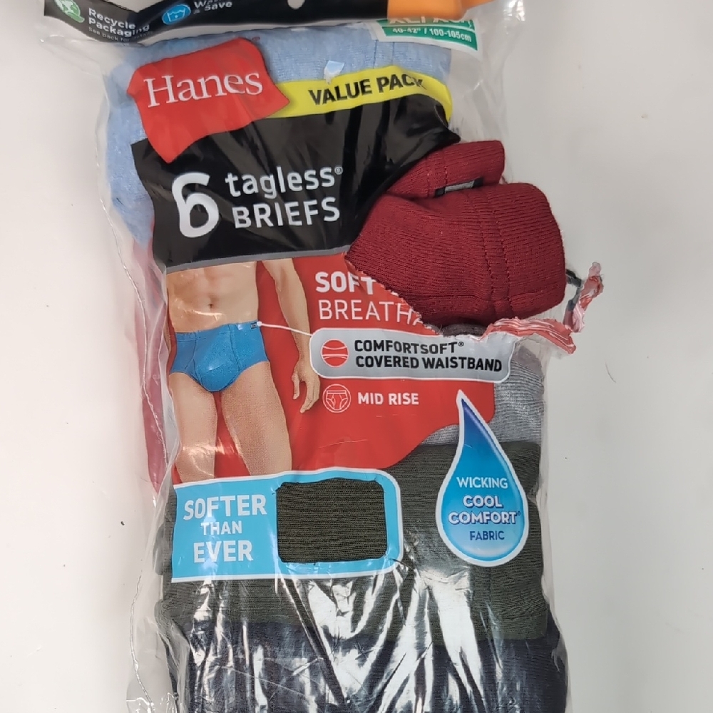 Hanes Men's Tagless Briefs 5-Pack - Red, Blue, Green, Grey, Black. XL